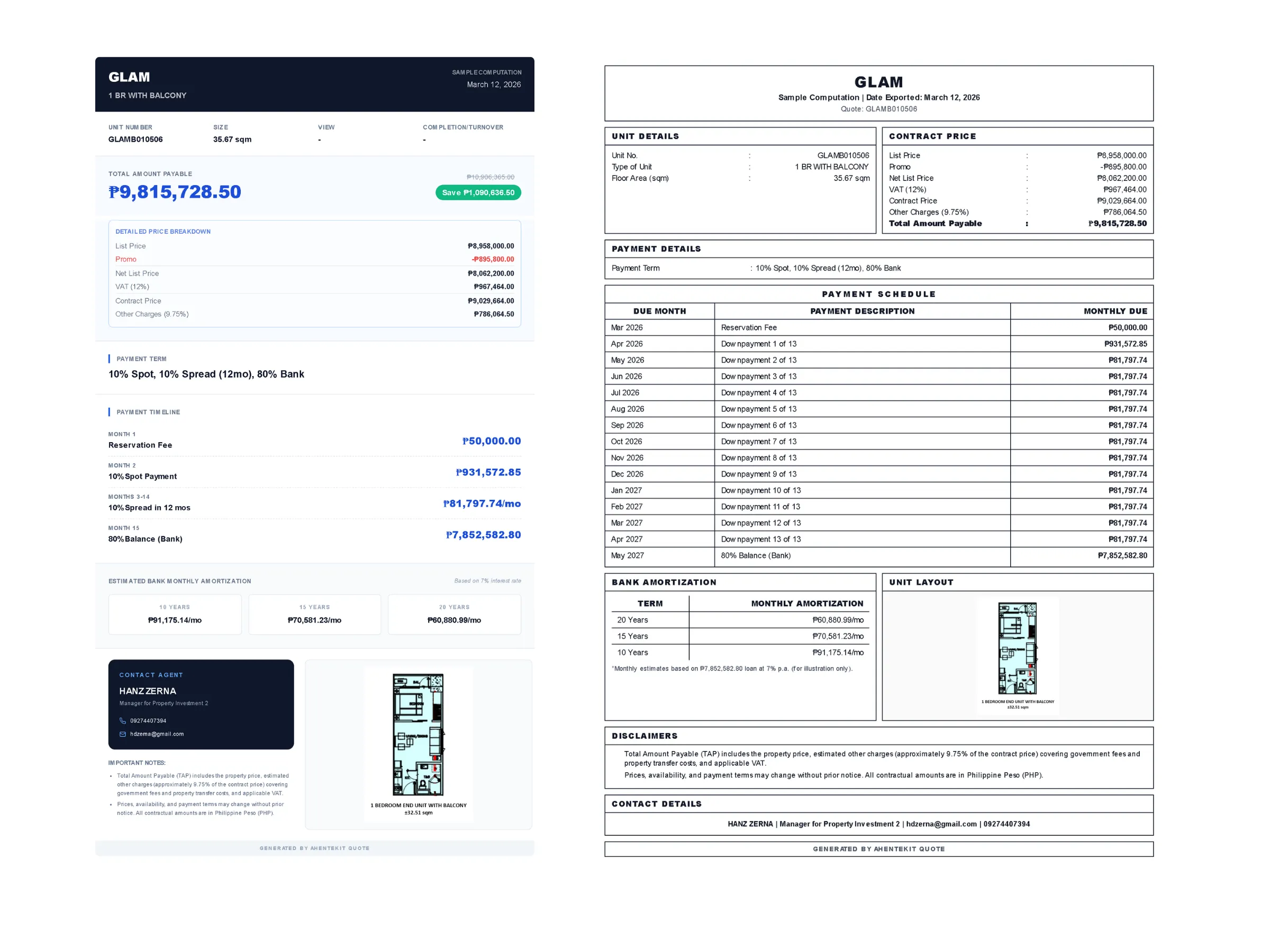 Sample exported quote from AhenteKit Quote
